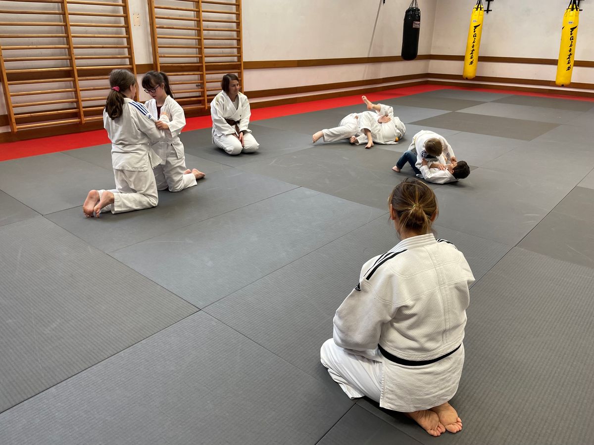 Des enfants s'entraînent au judo au sol, par deux.